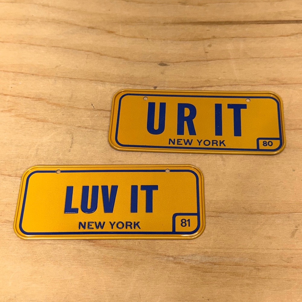 New York Novelty Bike License Plate Yellow 1908s UR IT LUV IT Vintage 2pc VTG